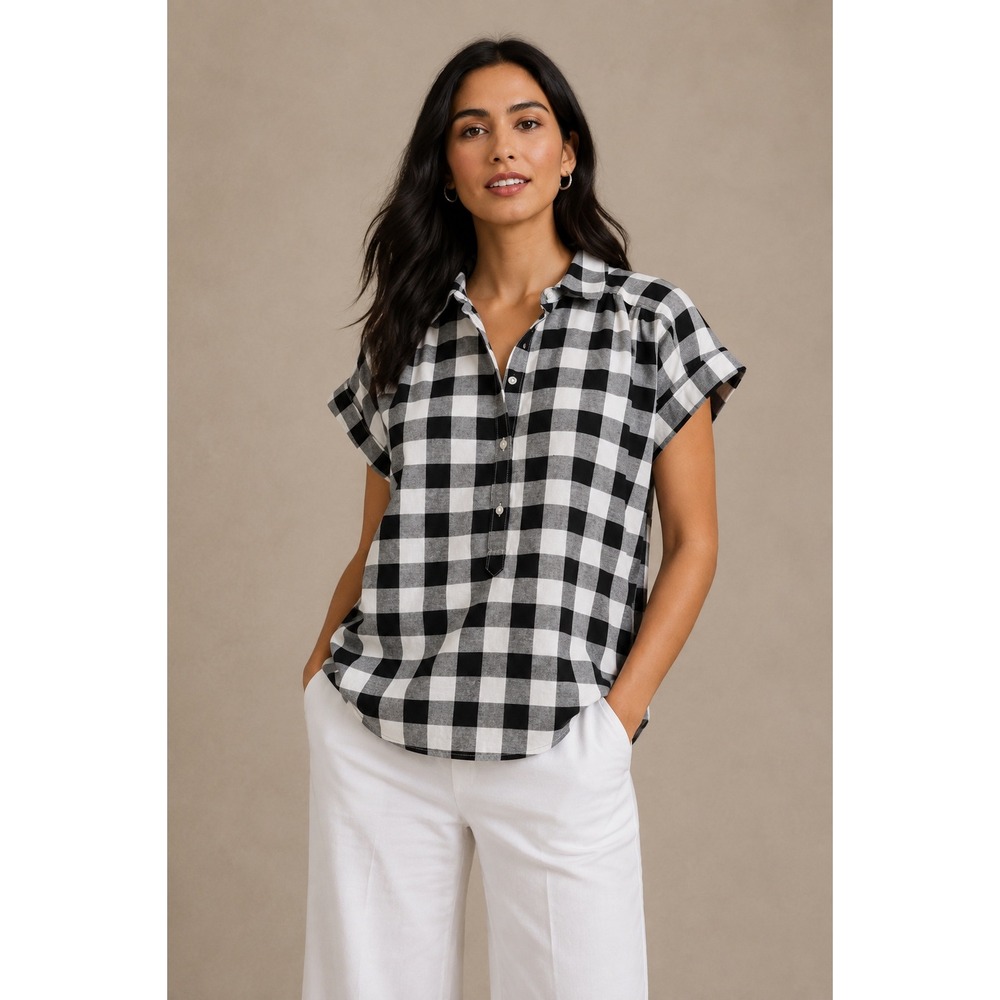 LOFT Buffalo Plaid Short Sleeve Button Up Top Black White Linen Blend NWT L